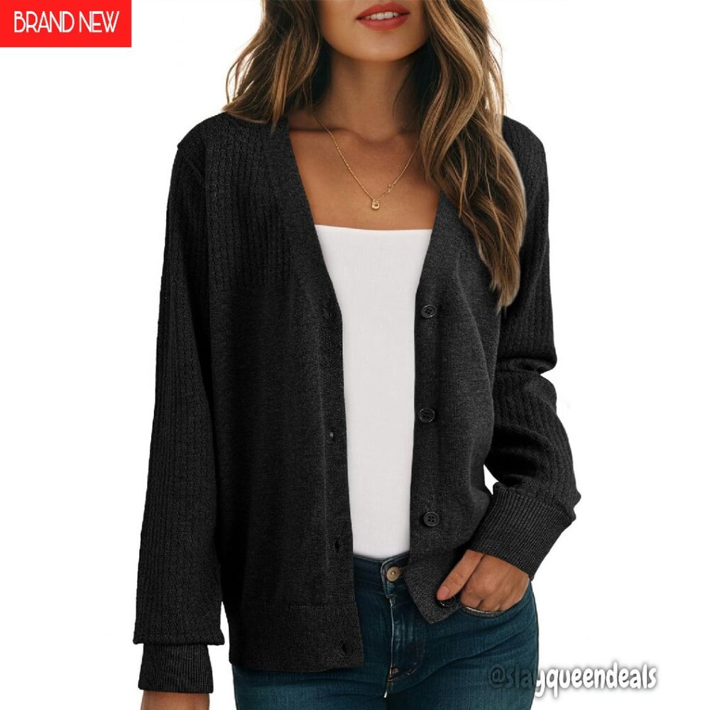 Wool Blend V-Neck Cardigan Long Sleeve Button Down Hollow Out Knit